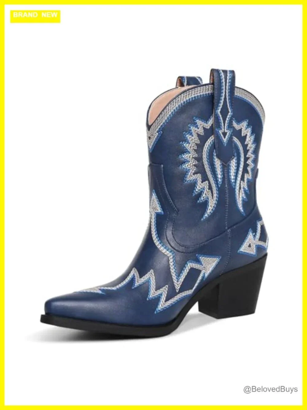 Western Ankle Cowboy Boots Chunky Heel Pointed Toe Wide Calf PU-Leather
